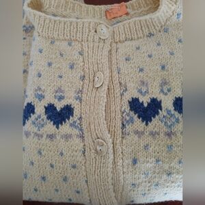 HANDKNIT WOOL Cozy Cream & Blue Heart Sweater XL-2XL US